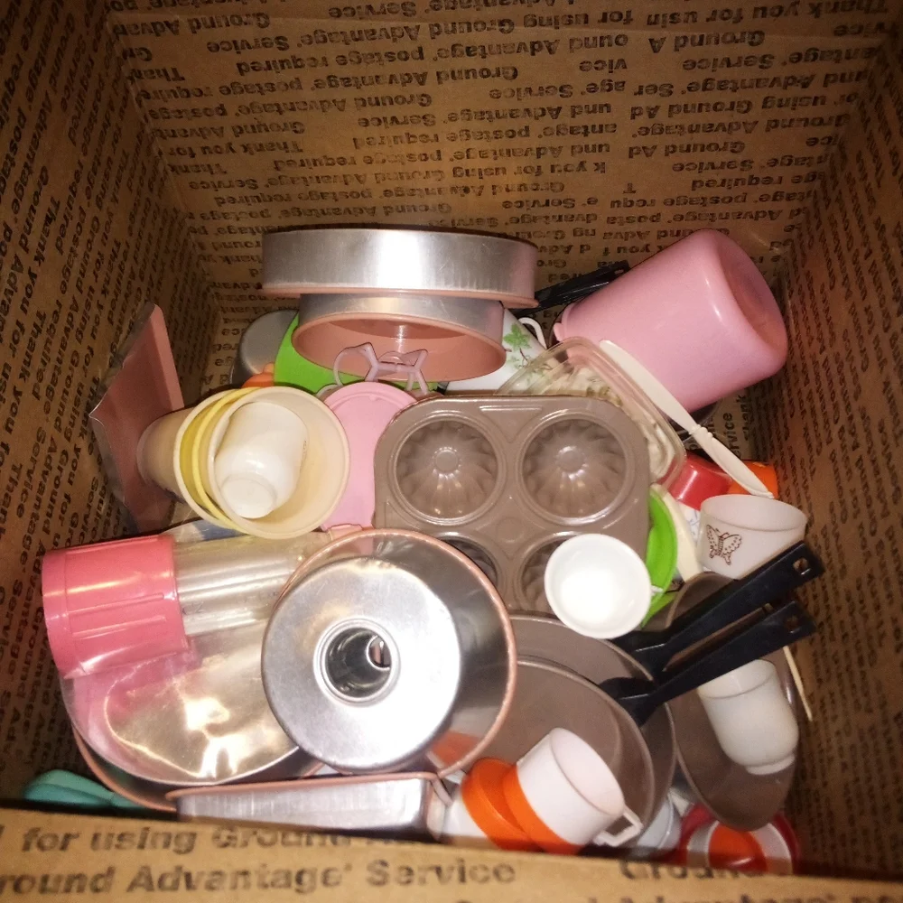Box Lot Of Vintage Toy Dishes Pots Pans Dollhouse Playset